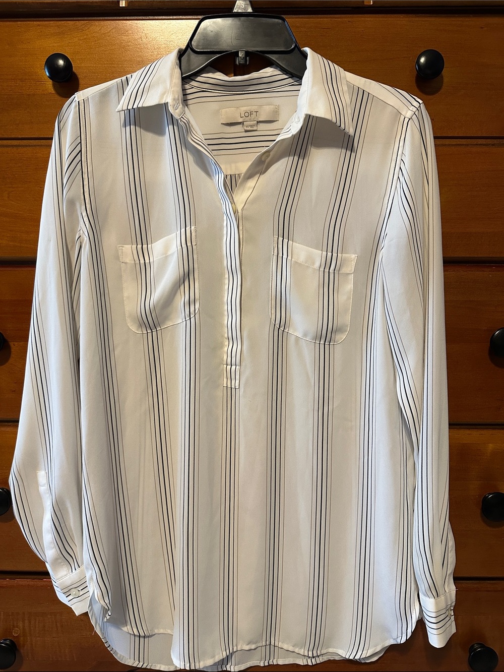 LOFT White Blouse with Black Vertical Stripes